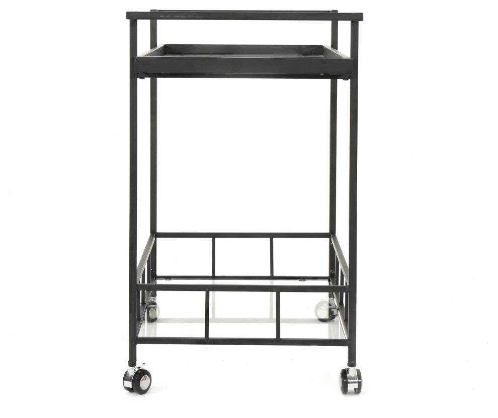 GDF Studio Brose Indoor Black Iron Bar Cart With Tempered Glass Shelves