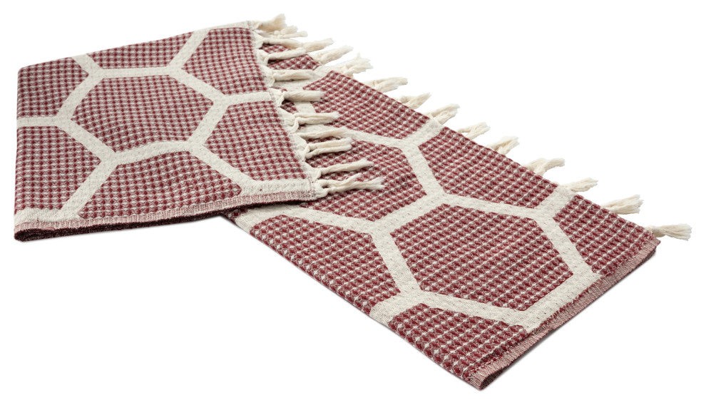 Blue/ Cream Geometric Turkish Organic Cotton Throw Blanket, Red