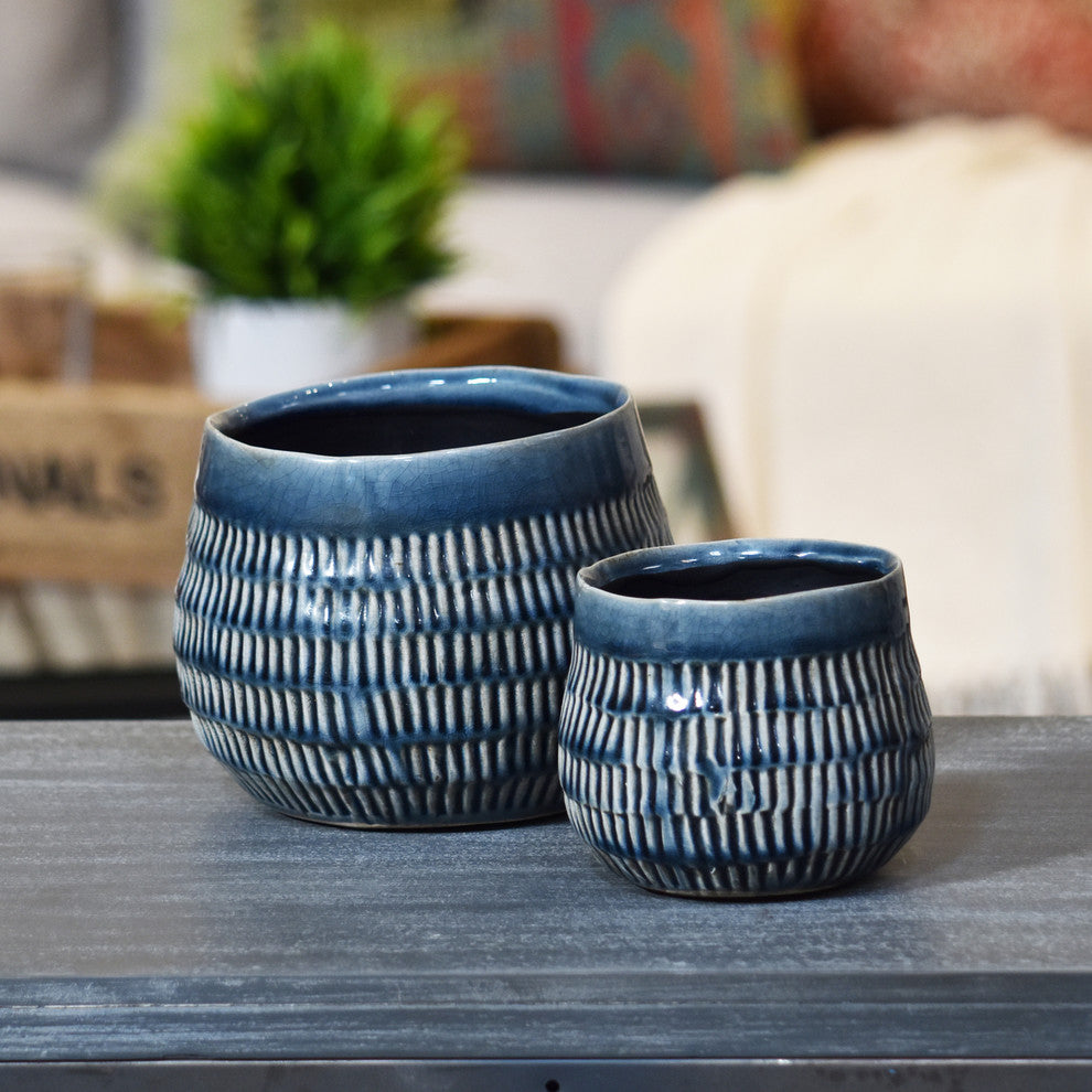 Round Vases, Embossed Rectangle Design Body, Tapered Bottom, 2-Piece Set, Blue