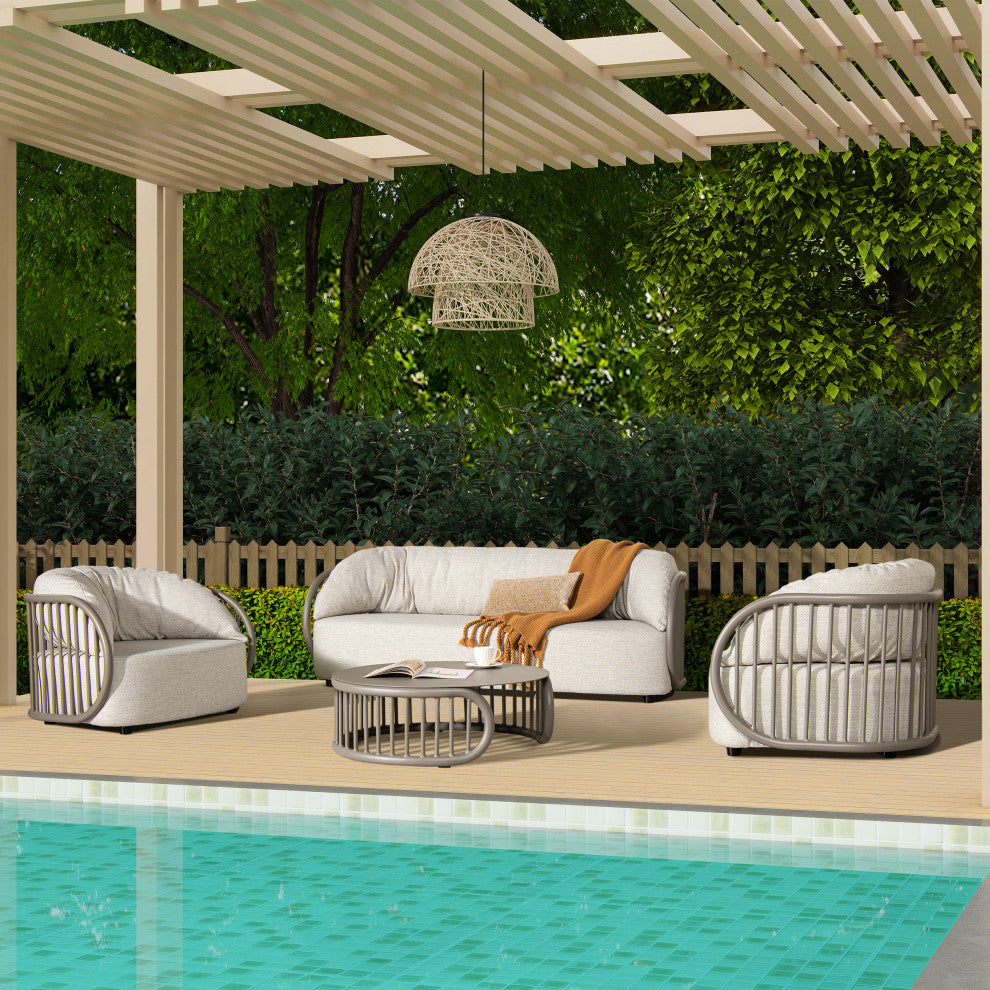 Harper 83" Taupe Greige Aluminum Barrel Deep Seating Outdoor Patio Sofa, Oat Beige Axroma Olefin