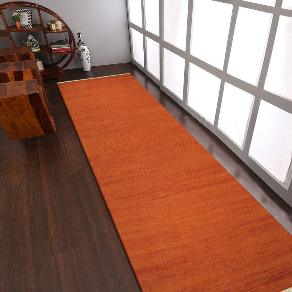 HAND WOVEN FLAT WEAVE KILIM WOOL ECO-FRIENDLY AREA RUGS-Solid,Dark Orange