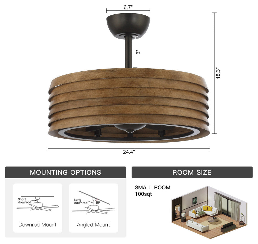 24.4 in Caged Metal Lampshade Ceiling Fan with Remote in Brown