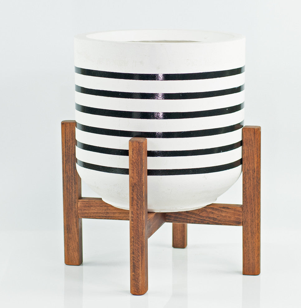 Extra Large Handcrafted Fiber Clay Pot 13'' With Wood Plant Stand Walnut Color