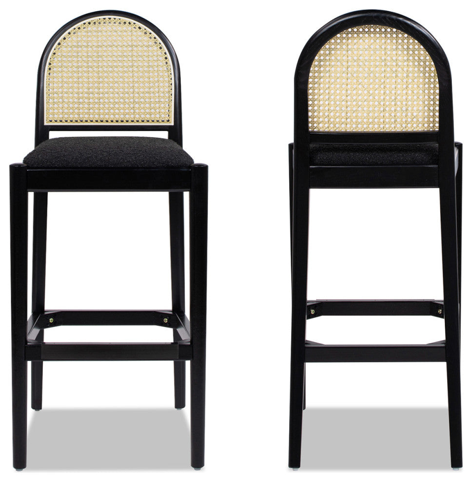 Panama Curved Back Cane Rattan Stool, Set of 2, Ebony Black Boucle, 30" Bar Height