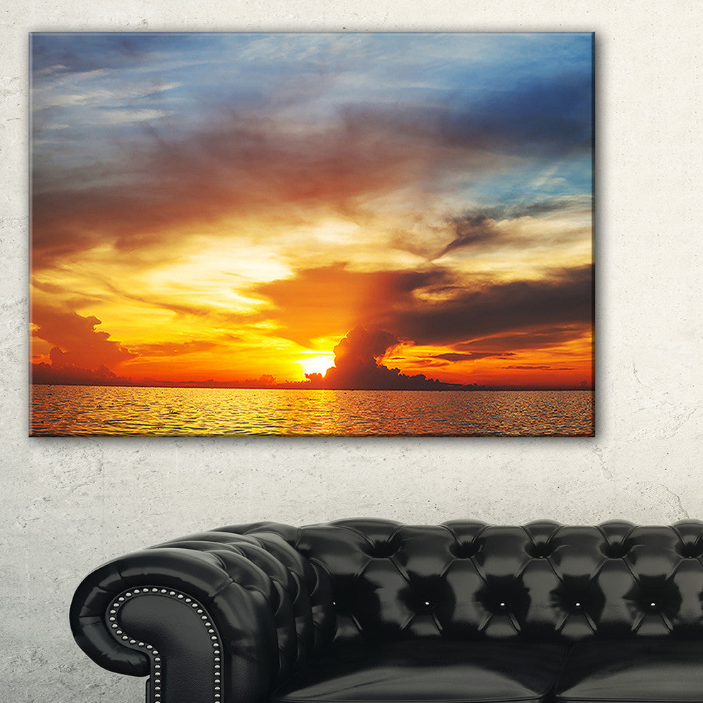 "Fiery Sky At Sunset Over Sea" Modern Seashore Canvas Art, 40"x20"