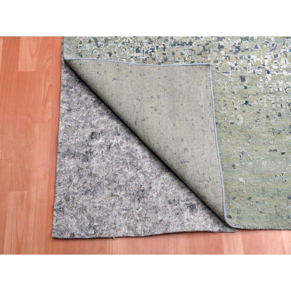 Denim Blue, Modern, Hand Knotted Pure Silk and Wool Oversized Rug, 12'0"x18'0"
