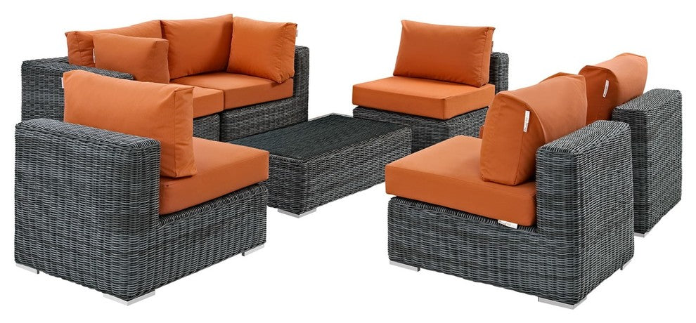 Modern Contemporary Outdoor Patio 7-Piece Sectional Sofa Set, Orange, Rattan