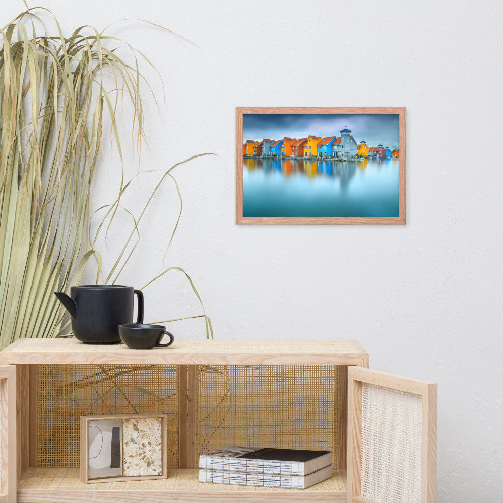 Blue Morning at Waters Edge Landscape Framed Photo Paper Wall Art Prints, Red Oak, 12" X 18"