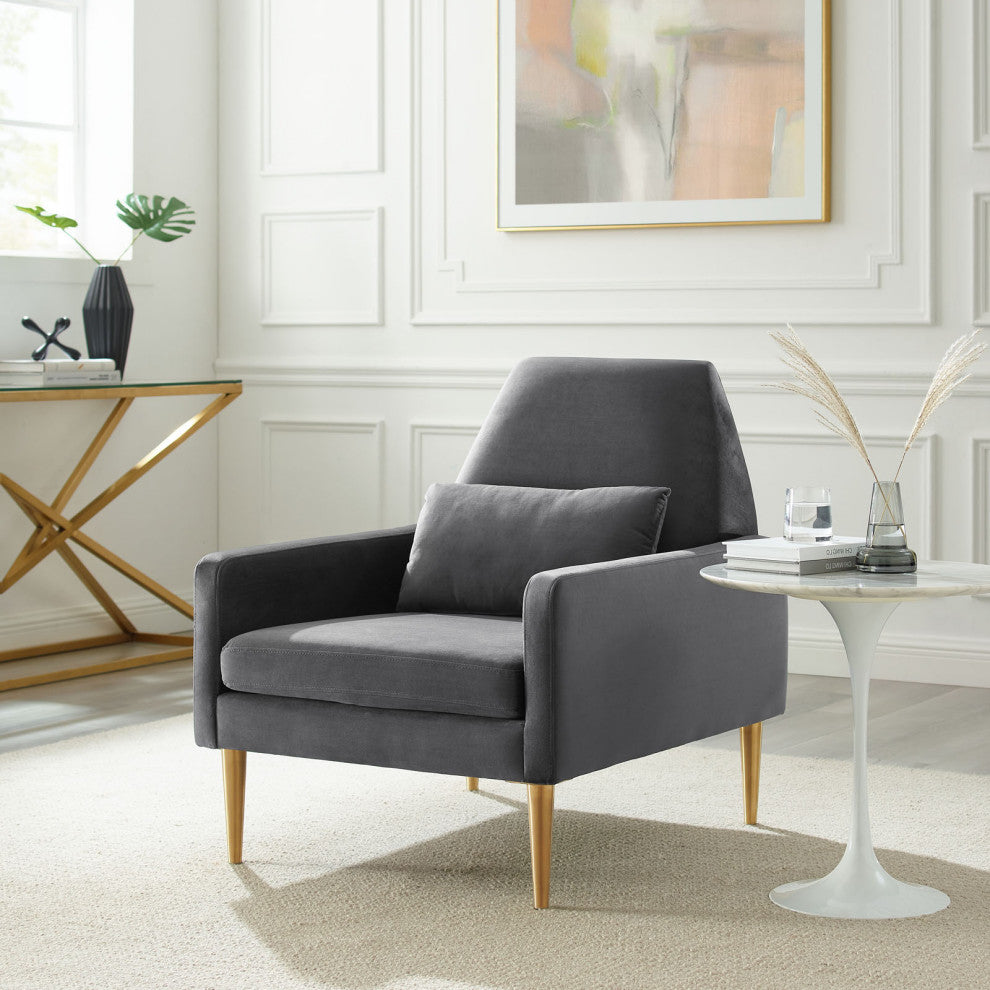 Armchair Accent Chair, Charcoal Gray, Velvet, Modern, Mid Century Lounge