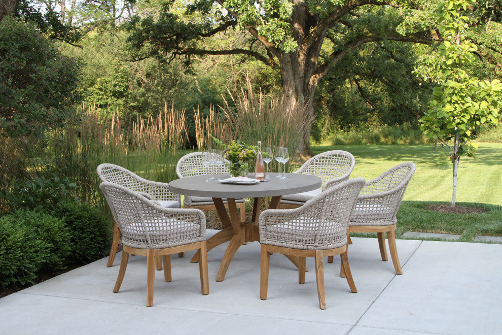 7-Piece Nautical Teak, Rope and Composite Round Dining Set With Sunbrella