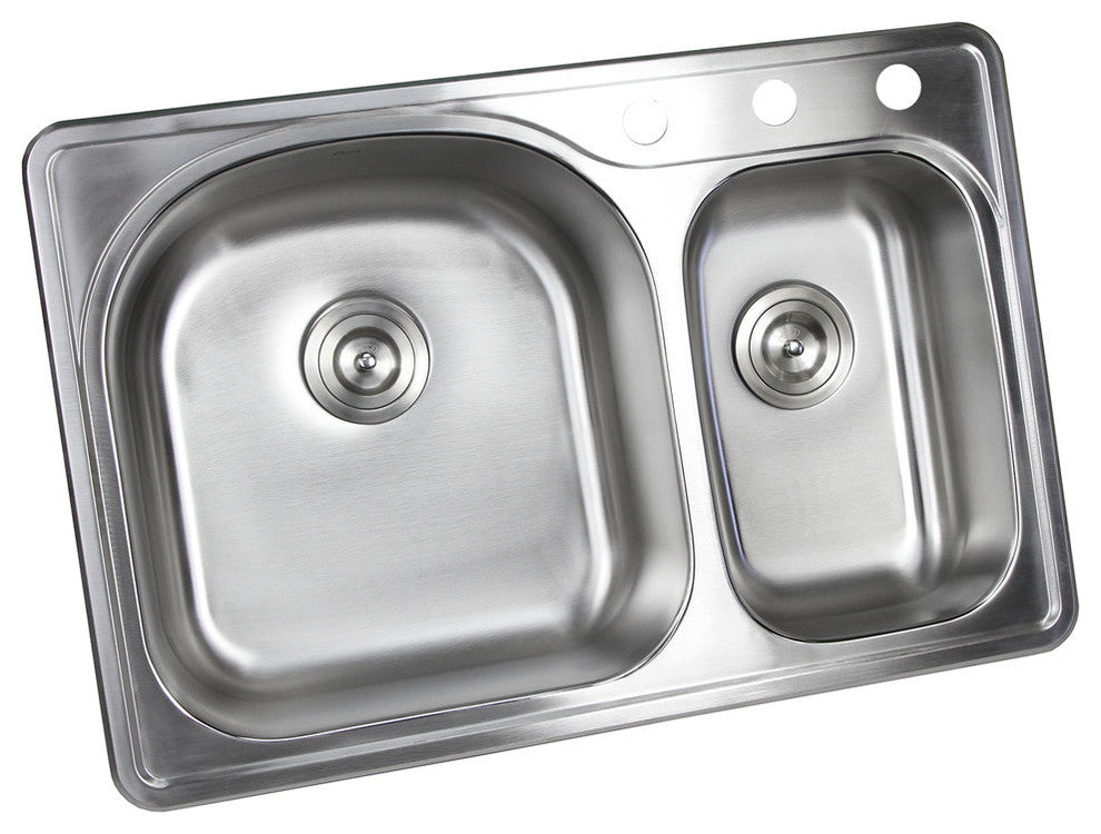 33" Topmount Drop-In Stainless Steel 70/30 Kitchen Sink With Colanders