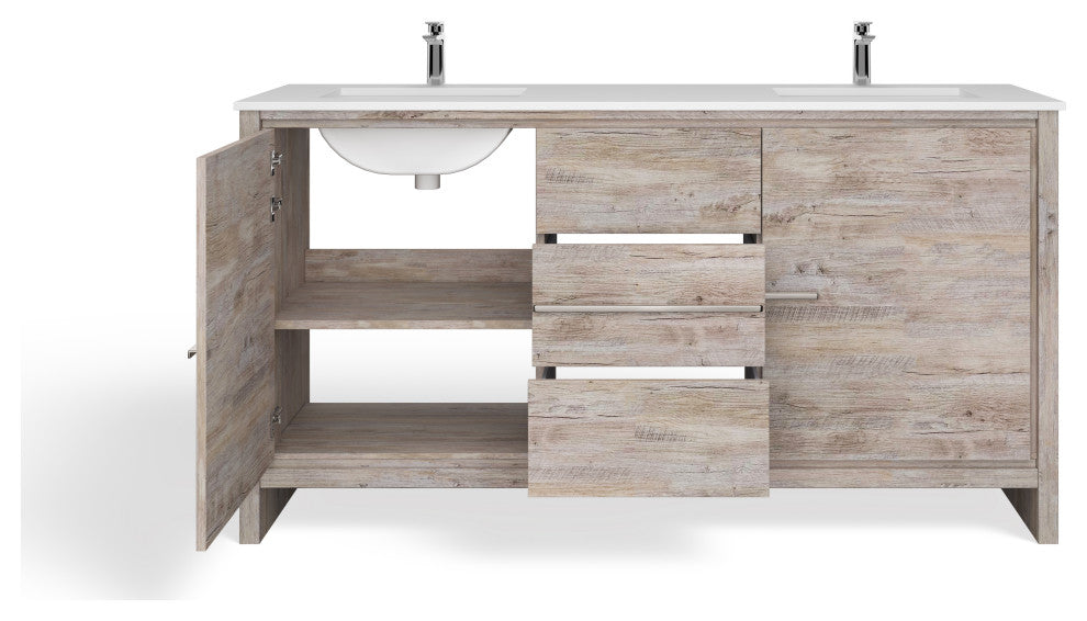 Esconde Bath Vanity, Natural Wood, 60", Double Sink, Freestanding