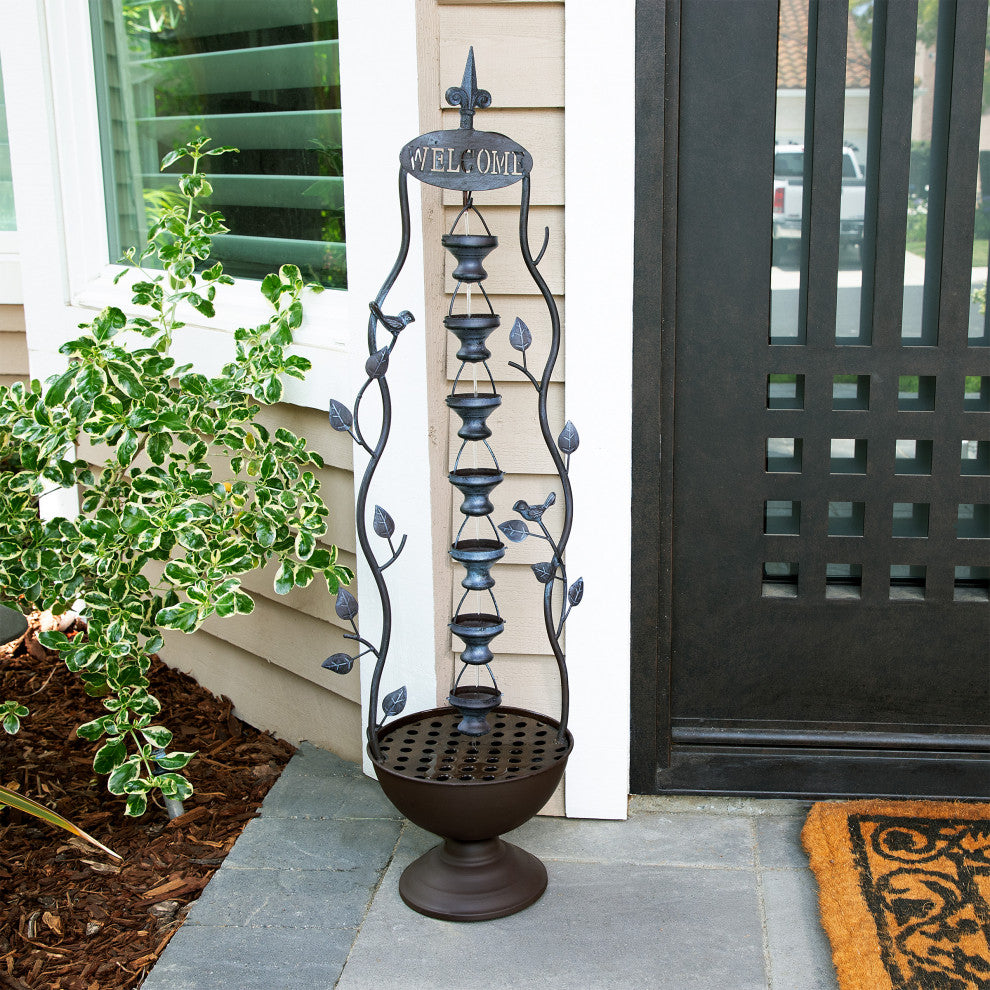 41" Tall Indoor/Outdoor Metal Hanging 7-Cup Tiered Floor Water Fountain, Bronze