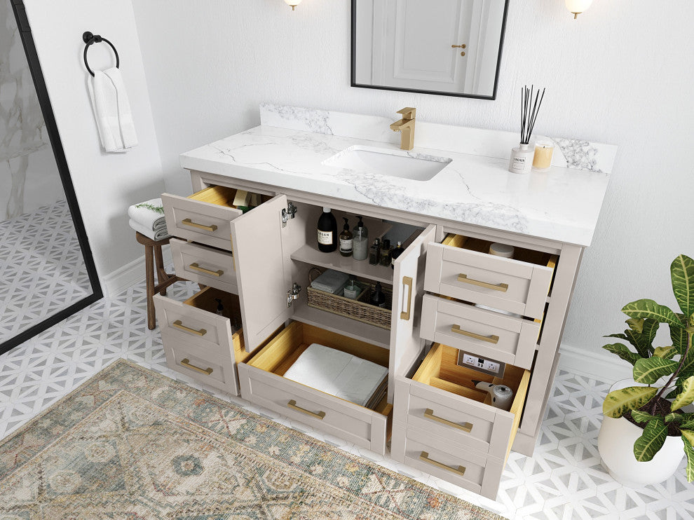 Boston 60" Single Bathroom Vanity in Fine Grain 2" Calacatta Gold