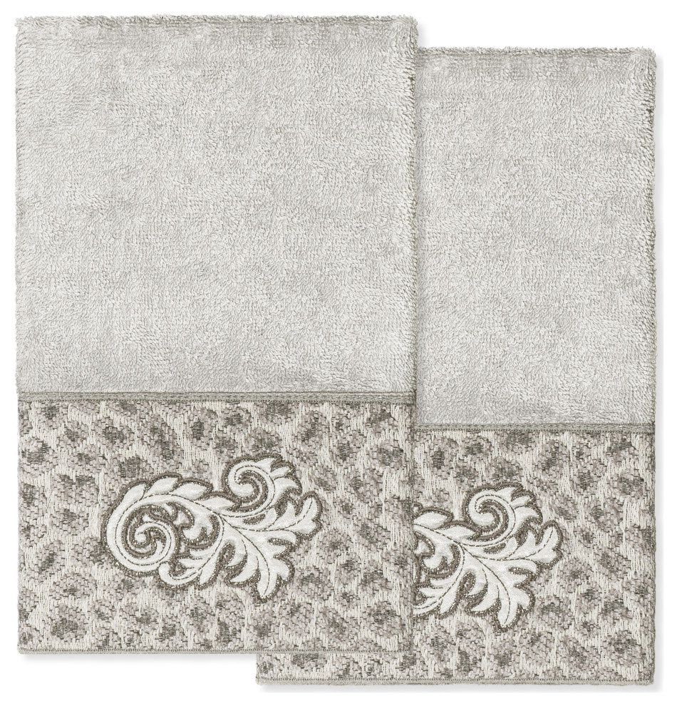 Linum Home Turkish Cotton April 2-Piece Embellished Hand Towel Set, Light Gray