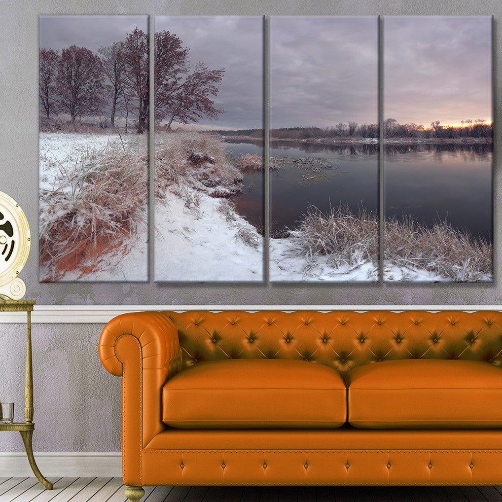 Winter River in Dark Morning, Seashore Wall Art on Canvas, 48"x28", 4 Panels