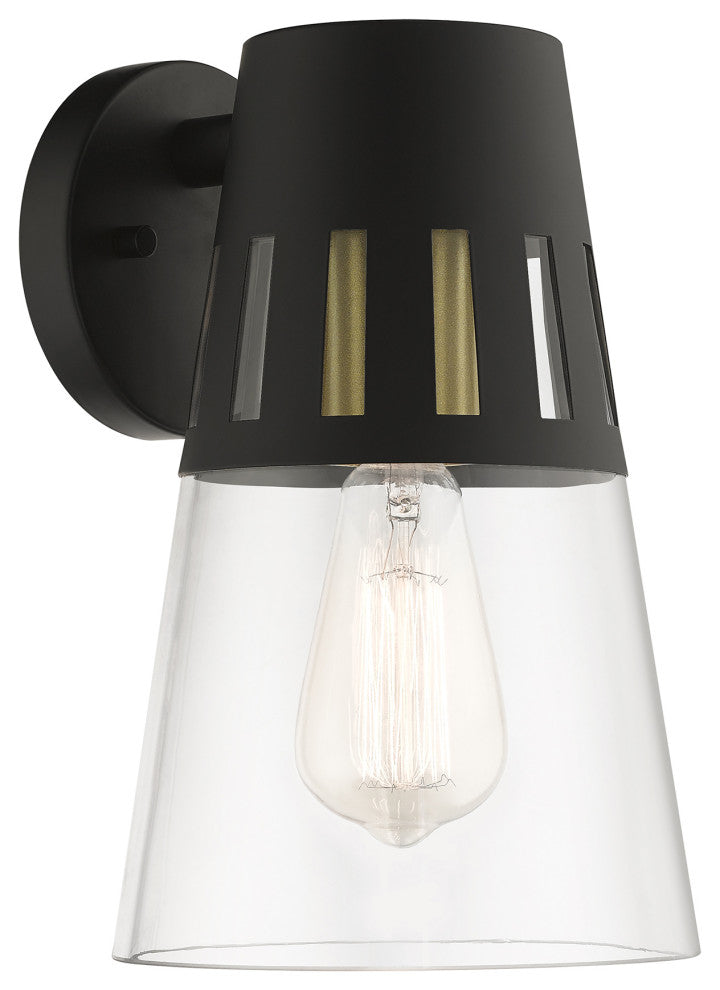 Covington 1-Light Black Outdoor Medium Wall Lantern, Soft Gold Accents