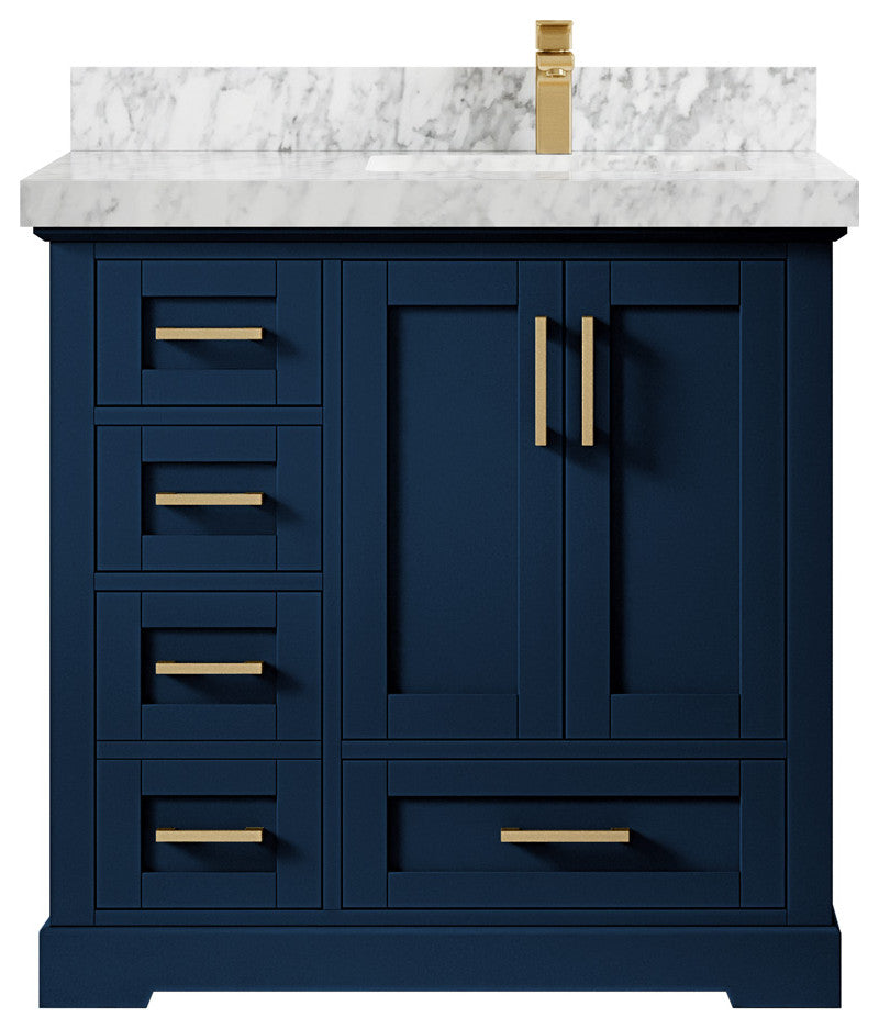 Boston 36 Right Offset Bath Vanity in Navy Blue 2" Carrara Marble