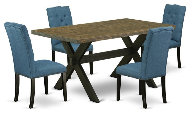 X676El121-5, 5-Piece Set Jacobean Table and 4 Linen Fabric Chairs, Black