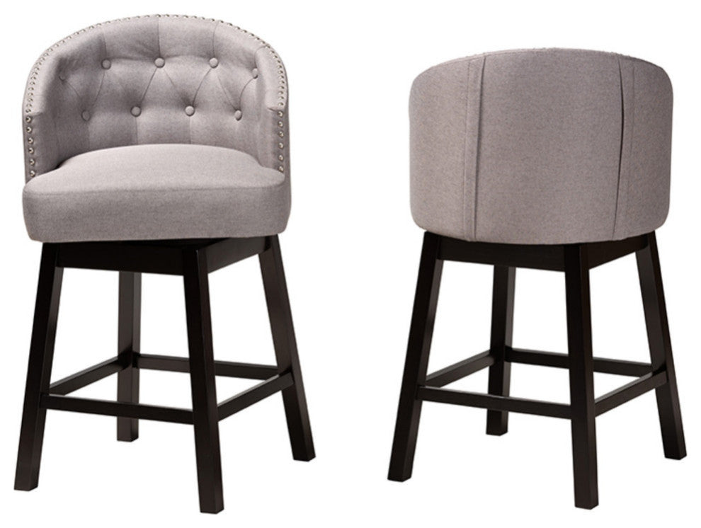 Gray Fabric and Espresso Brown Finished Wood 2-Piece Swivel Counter Stool Set