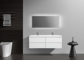 Aurora Wall Mount Vanity, White Acrylic Top, Glossy Polar White, 60" Double