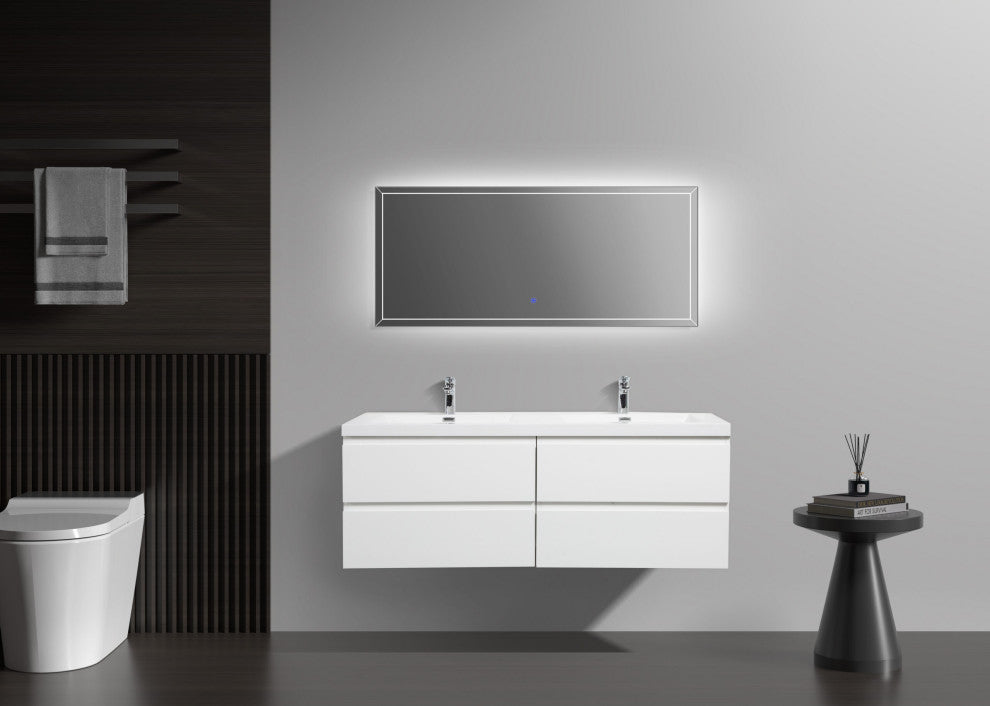 Aurora Wall Mount Vanity, White Acrylic Top, Glossy Polar White, 60" Double