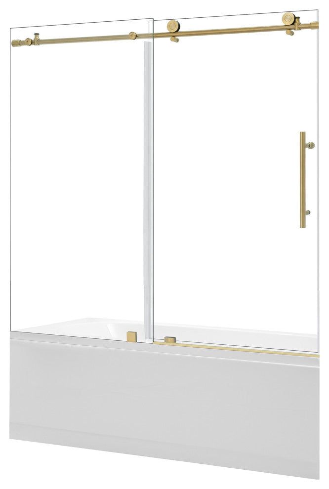 Lazaro Single Sliding Frameless Tub Door, Clear Glass, Brushed Gold, 60"wx58"h