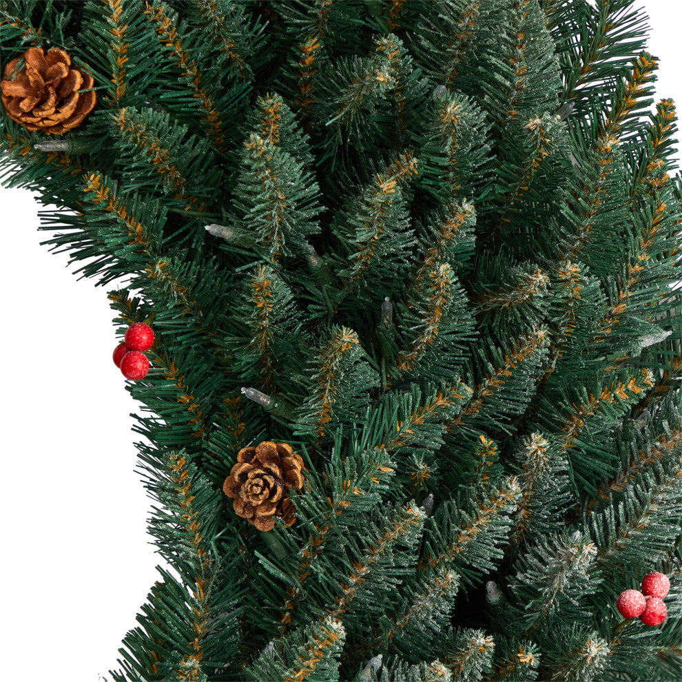 4' Large Flocked Artificial Christmas Wreath With Pinecones Berries 150 LEDs