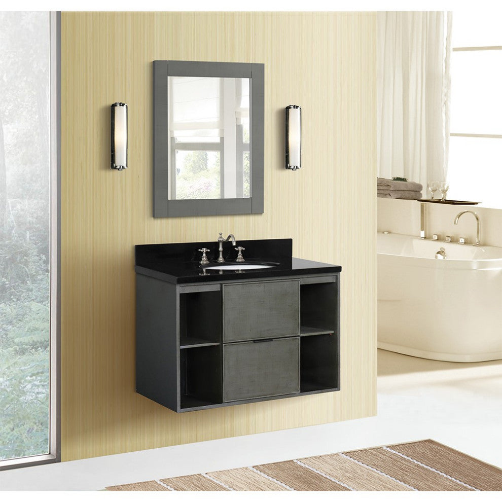 37" Single Wall Mount Vanity, Linen Gray Finish With Black Galaxy Top