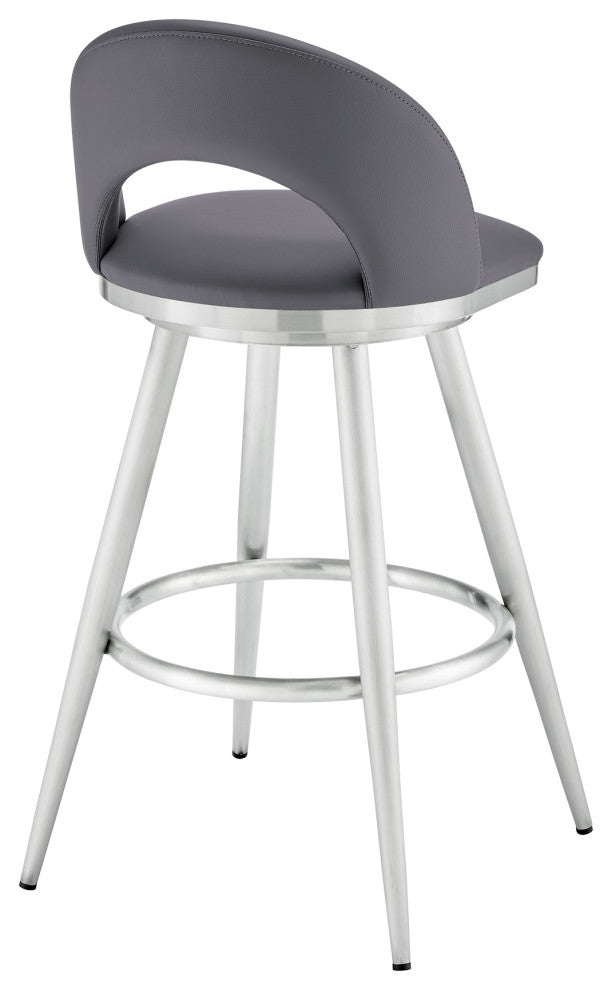 Lottech Swivel Bar Stool, Brushed Stainless Steel With Faux Leather, Gray