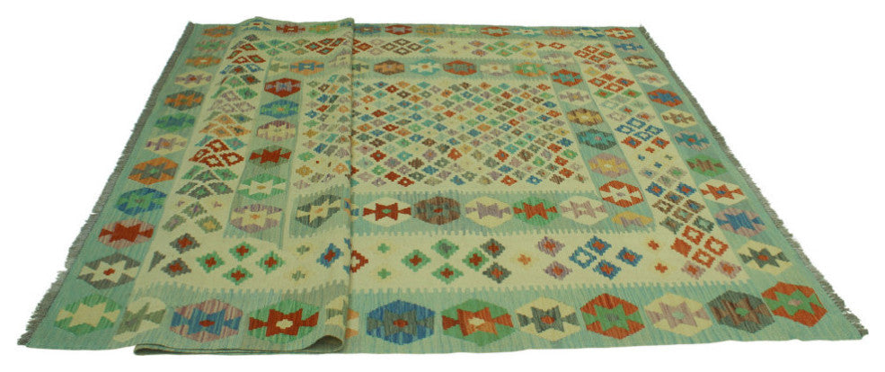 Sangat Kilim Steven Ivory/Light Blue Rug, 8'0x11'4