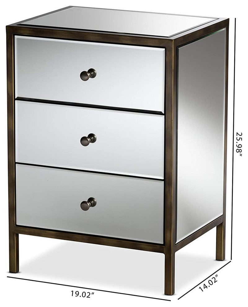 Mirrored Nightstand, 3 Storage Drawers and Antique Brass Trim Accent, Silver