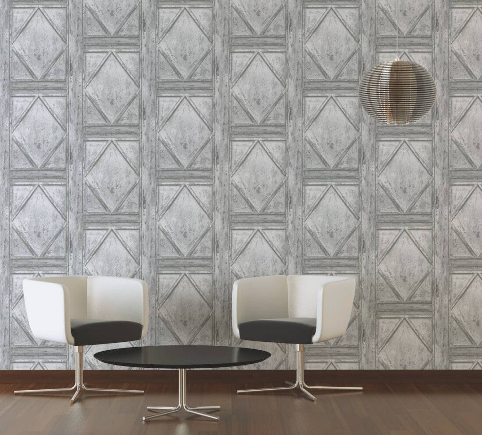 Loft Vintage Textured Wallpaper Featuring Boxes Wood, Gray White, Sample