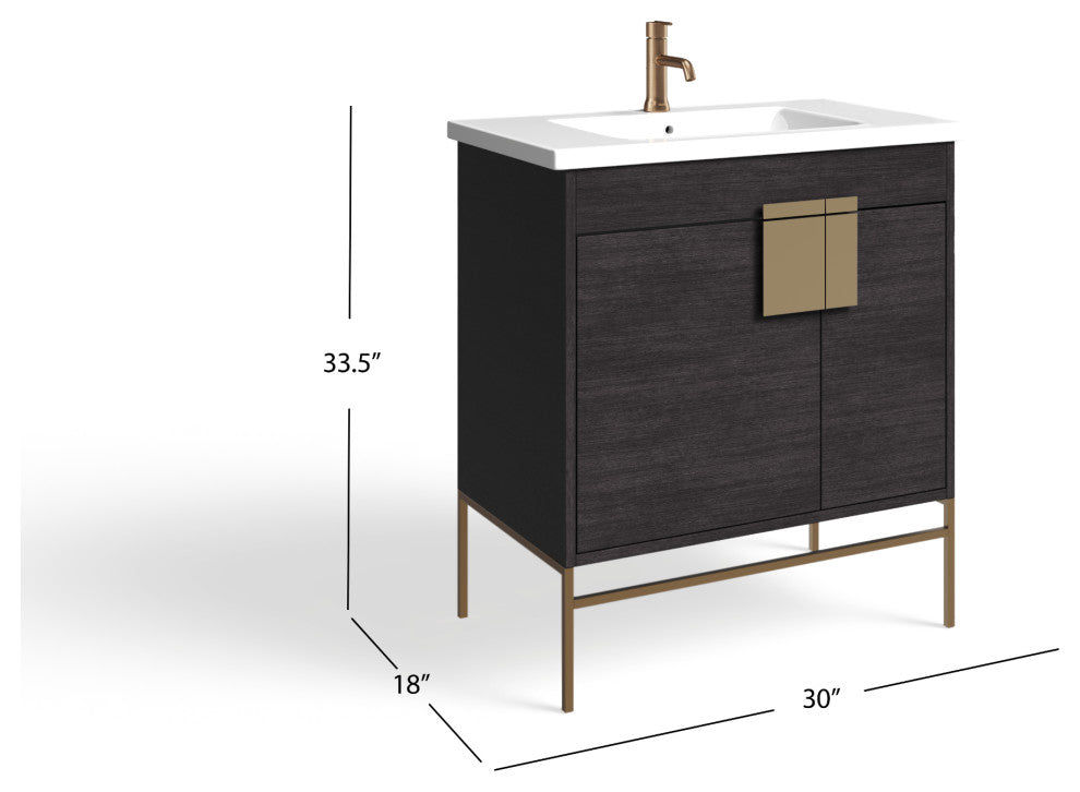 Lockhart Bath Vanity, Black Oak, 30", Satin Brass Hardware, Single Sink, Freestanding