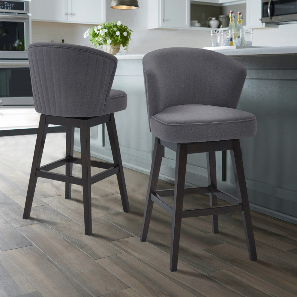 26" Gray Espresso Wood Fabric Swivel Bar Stool