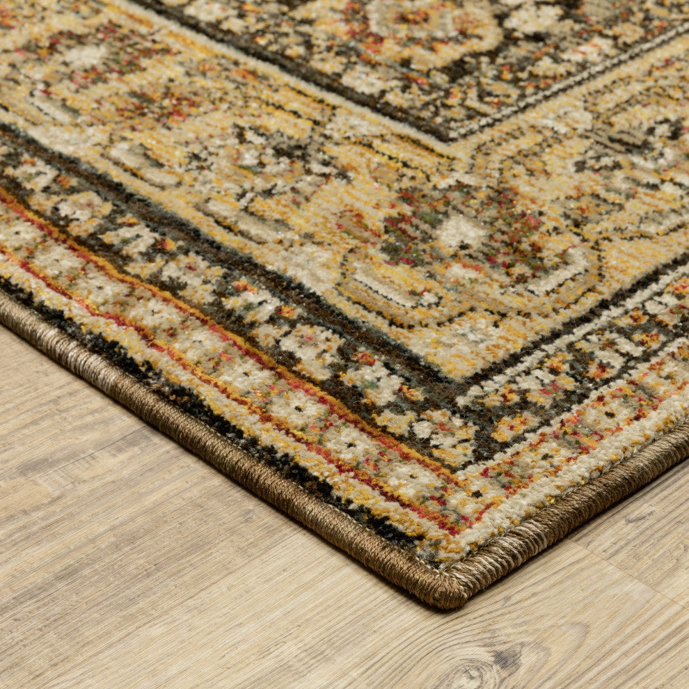 Adeline Bordered Traditional Brown/ Gold Area Rug 7'10" x 10'10"