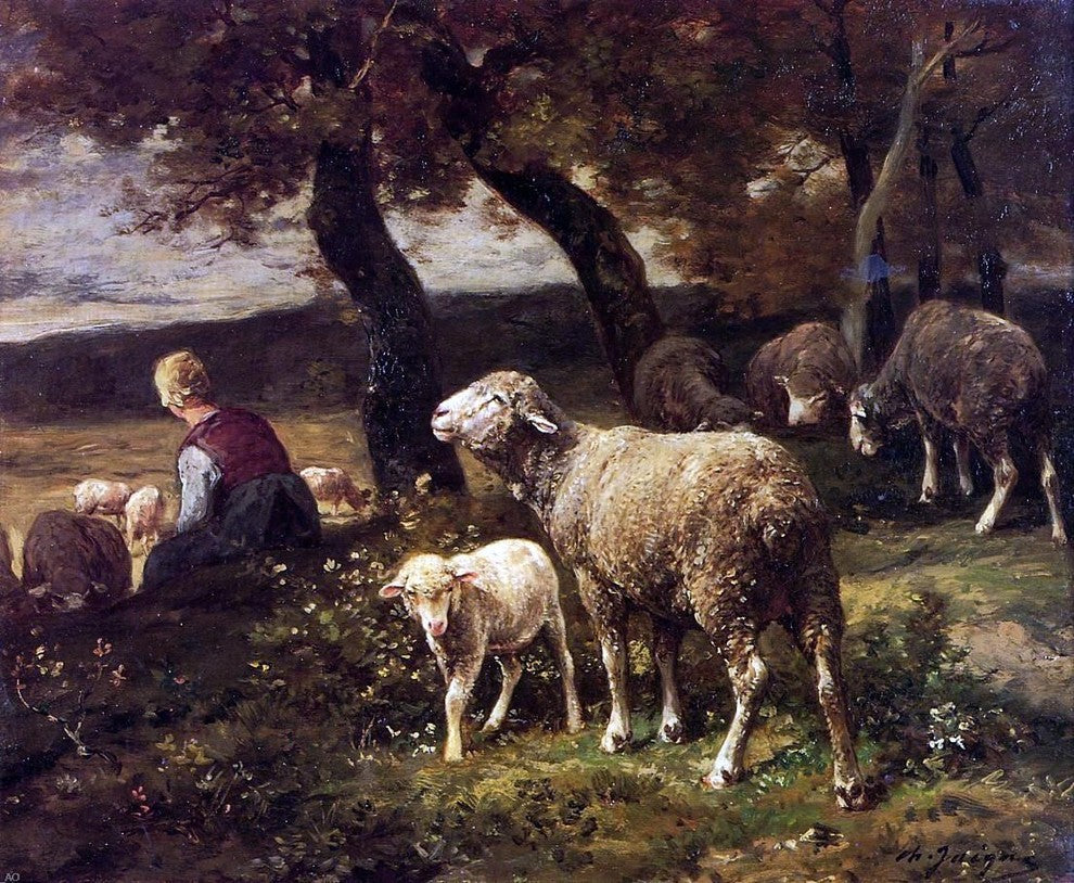 Charles Emile Jacque Shepherdess and Sheep, 20"x25" Gallery Wrapped Canvas