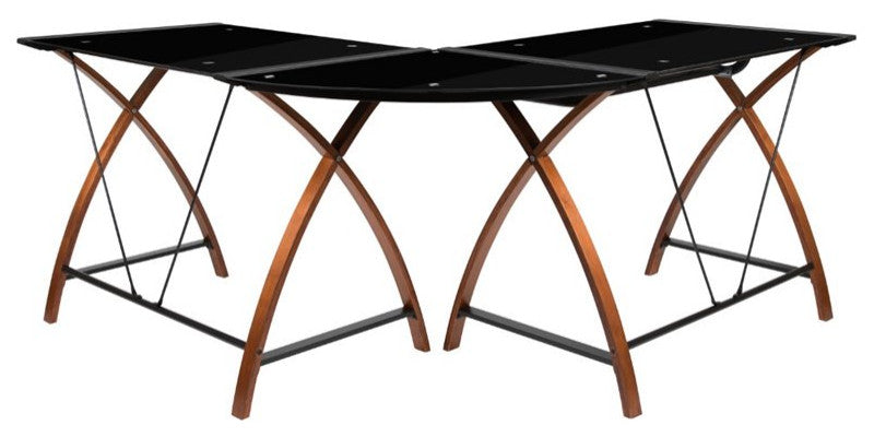 Black Glass L-Shape Corner Computer Desk with Pull-Out Keyboard Tray