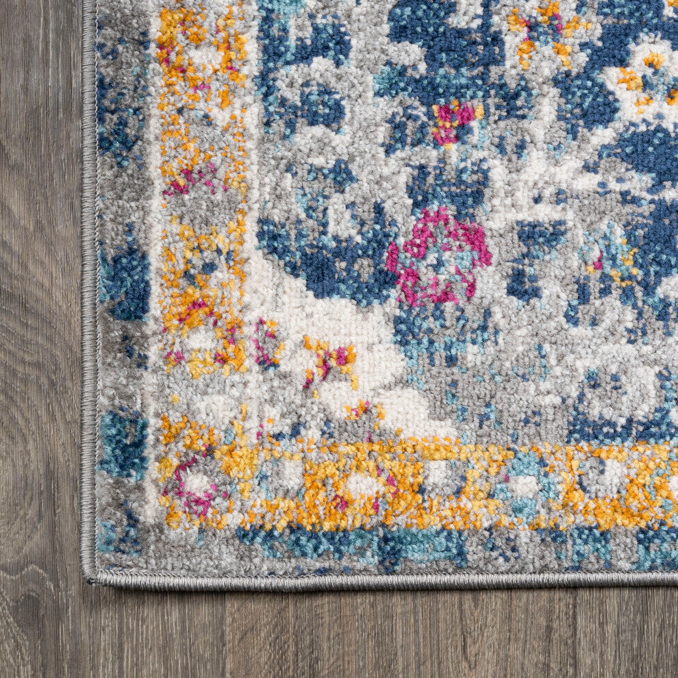 Lorena Ornate Boho Medallion Light Gray/Dark Blue/Orange 5'x8' Area Rug
