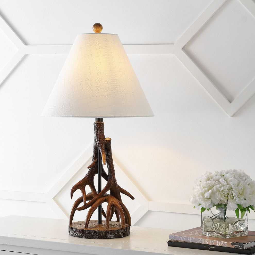 Cabell 26" Farmhouse Rustic Iron LED Table Lamp, Brown/White