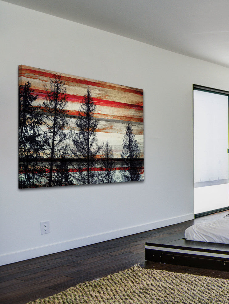 "Trees Against Red Striped Sky" Fine Art Canvas Print, 18"x12"