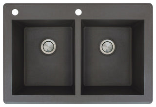 Radius 33" silQ Granite Drop-in Double Bowl Kitchen Sink with 2 Holes in Black