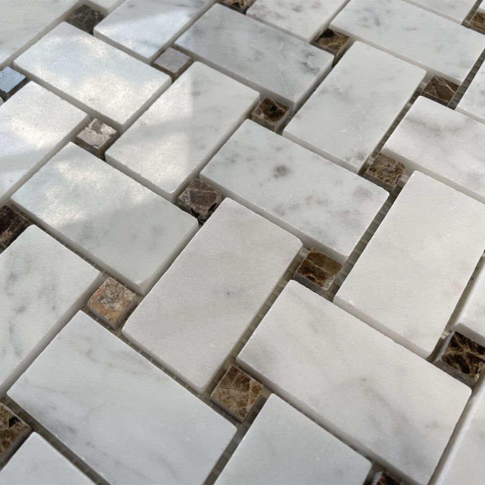 White Carrera Marble Basketweave Mosaic Tile Brown Dots Polished, 1 sheet