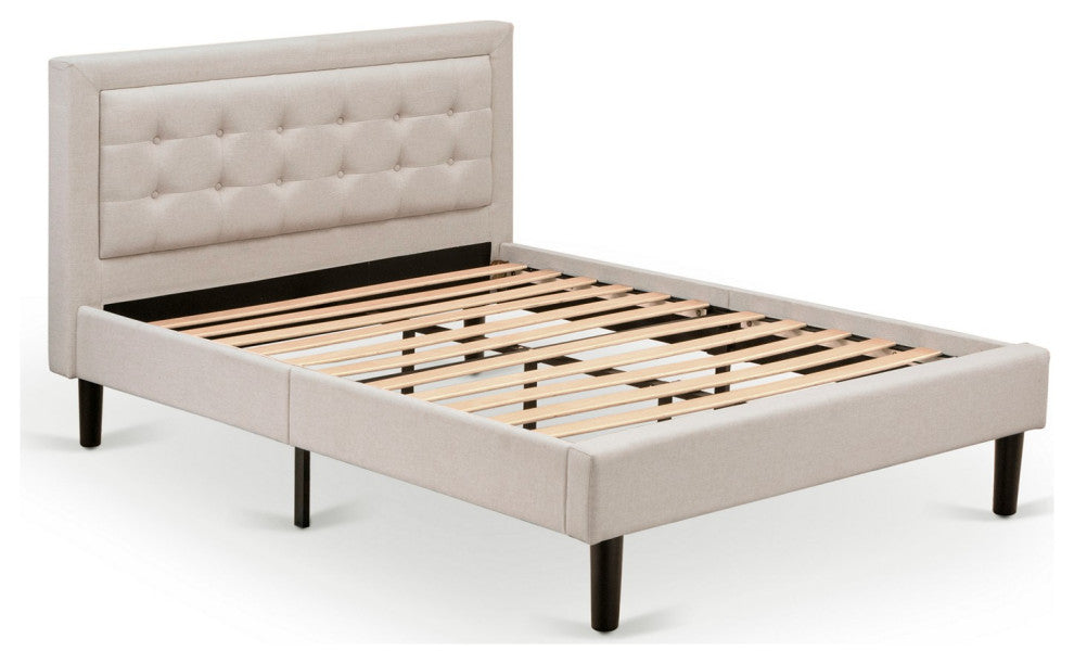 2-Pc Platform Full Size Bed Set, 1 Wood Bed Frame, Nightstand Mist Beige Fabric