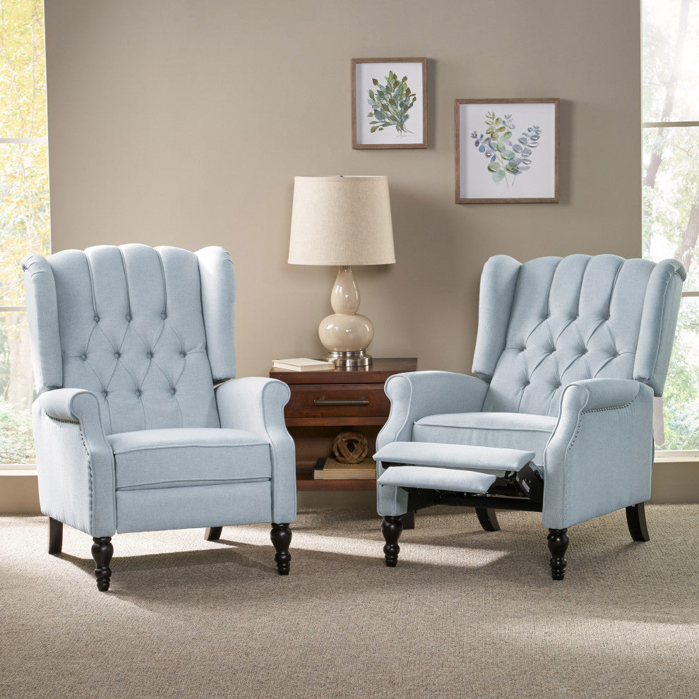 GDF Studio Xanthe Tufted Fabric Recliner, Set of 2, Light Sky and Dark Brown