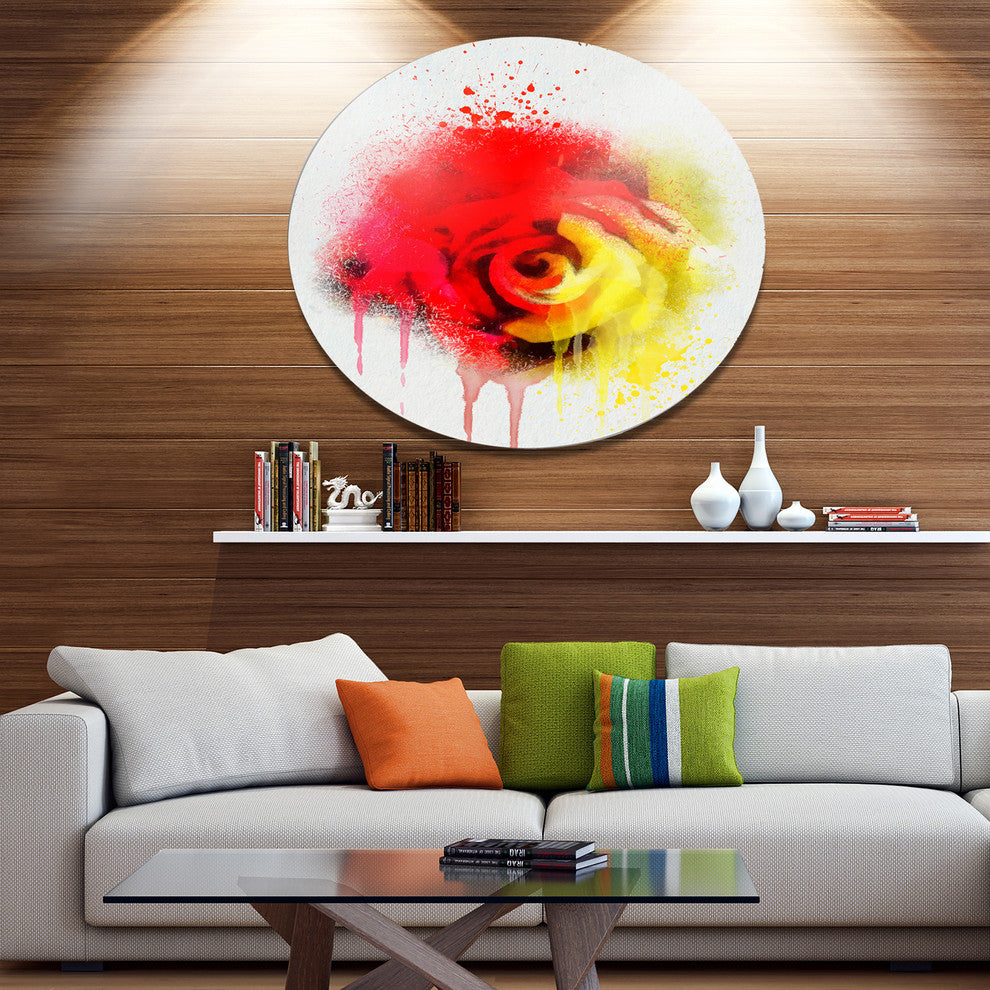Beautiful Red Yellow Rose Watercolor, Flowers Round Wall Art, 11"
