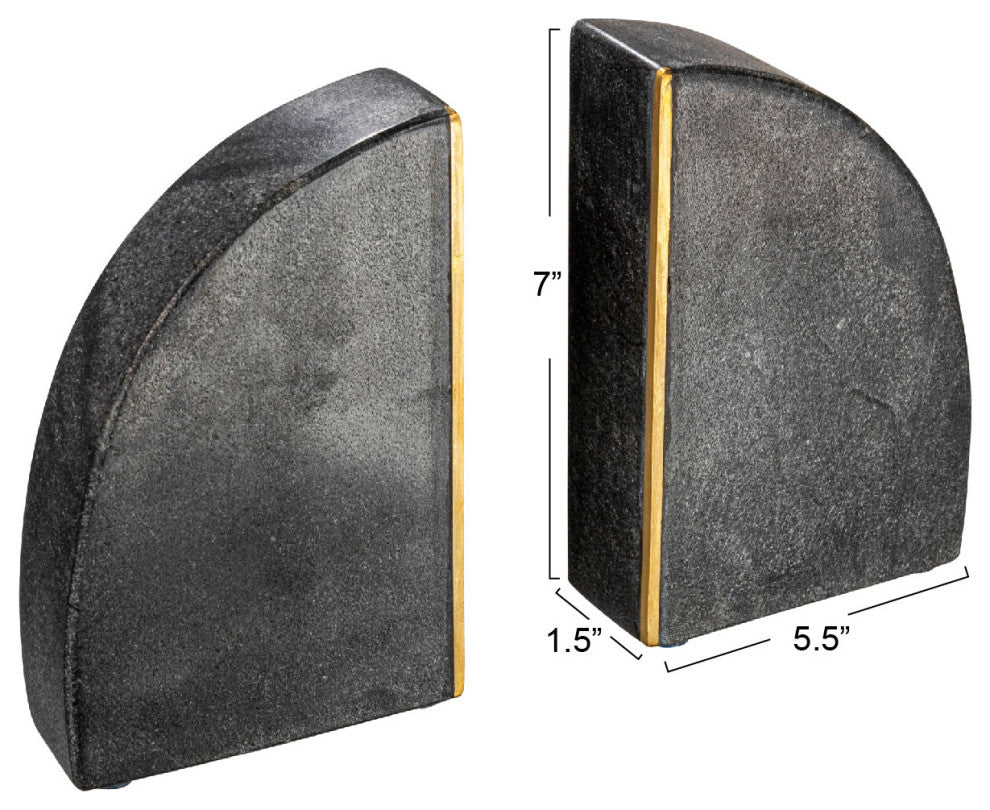 Boho Arched Semicircle Marble Bookends with Brass Detail, Set of 2, Black
