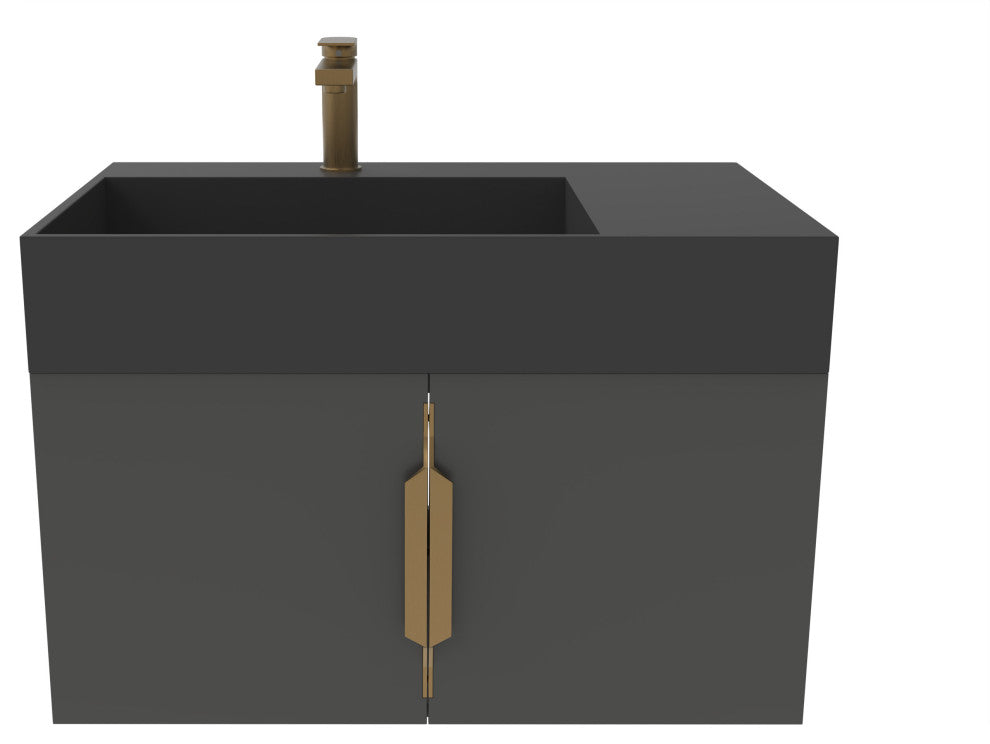CastelloUSA Amazon 24" Wall Mounted Bathroom Vanity Set, Black, Black Top, Gold