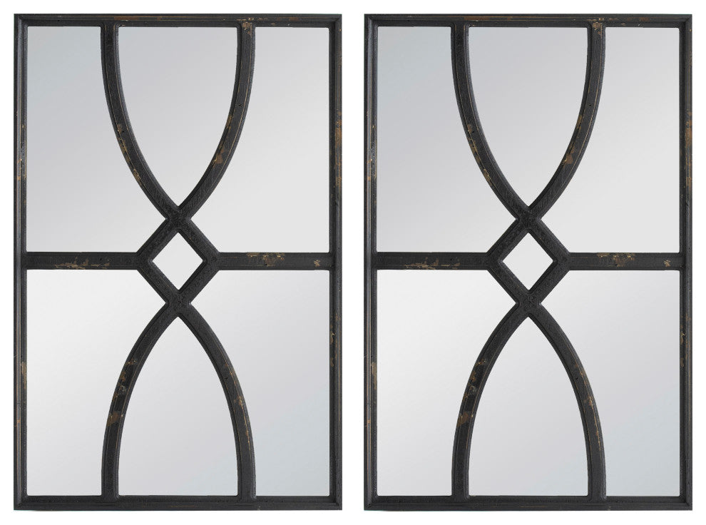 Benzara BM285574 24" Fir Wood Wall Mirror 2-Piece Set, Geometric Overlaid. Black