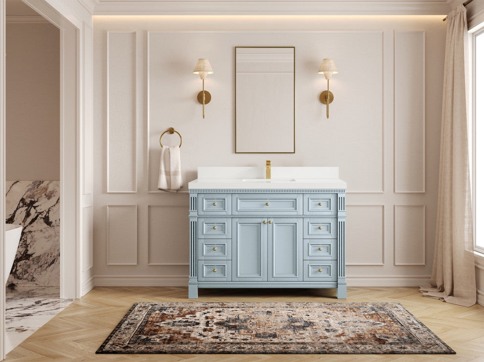 Paris 48" Single Sink Bathroom Vanity, Blue Heather 2" White Quartz